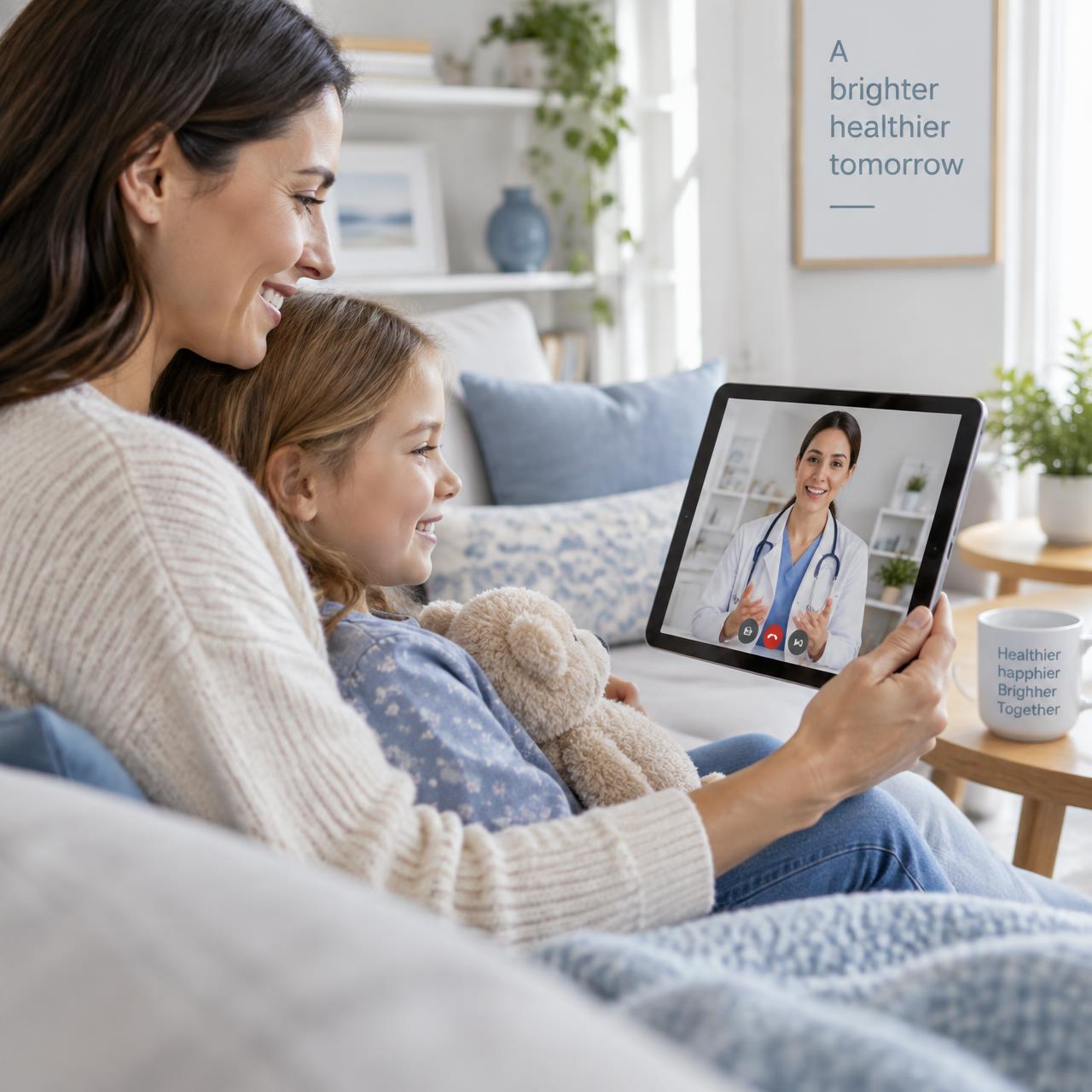 A mother and daughter speaking with their physician from home